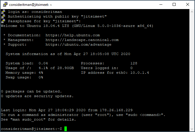SSH console default view with system information