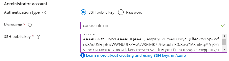 Admin-Account configuration showing public SSH key and username.