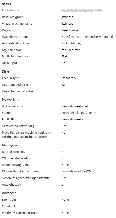 Review screen for my VM settings showing the settings I made in an overview.