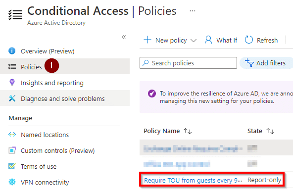 "Policies" section in AAD portal showing the newly created policy in report-only mode.