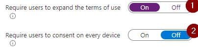AAD Portal showing the "New terms of use" dialogue with the toggles for "Require users to expand the terms of use" and "Require users to consent on every device" shown.