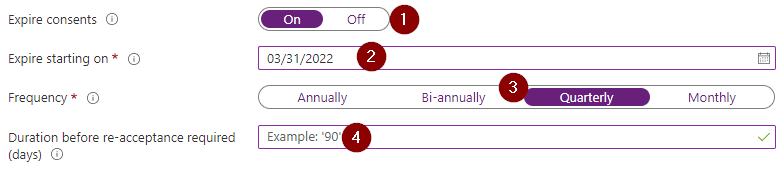 AAD Portal showing the "New terms of use" dialogue with the toggles for "Expire consents" set to "On", "Expire starting on" set to "03/31/2022" and "Frequency" set to "Quaterly". "Duration before re-acceptance required" is emtpty.