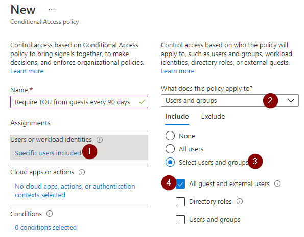 Conditional Access Policy creation screen "Users and workload identities" section showing "What does this policy apply to?" set to "Users and groups", "Include" set to "Select users and groups" and a checkmark on "All guests and external users".