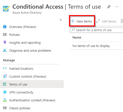 AAD Portal showing the "Terms of use" section with the "New terms" button highlighted.