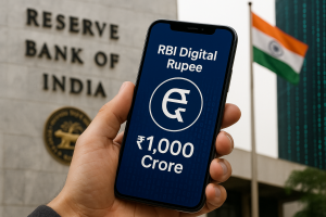 "RBI Digital Rupee e₹ smartphone wallet interface with ₹1,000 crore milestone, RBI building and Indian flag background – July 2025 digital currency growth"