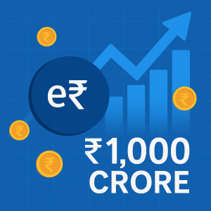 e₹ symbol with ₹1,000 crore milestone text representing RBI Digital Rupee’s transaction growth in July 2025
