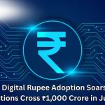 Smartphone showing RBI Digital Rupee (e₹) symbol with ₹1,000 crore milestone, backed by RBI building, Indian flag colors, and digital grid – July 2025 CBDC adoption