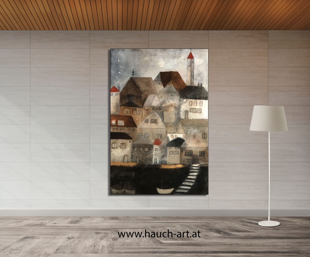 Acrylbild, abstrakte Malerei Stadt am Fluss Cornelia Hauch