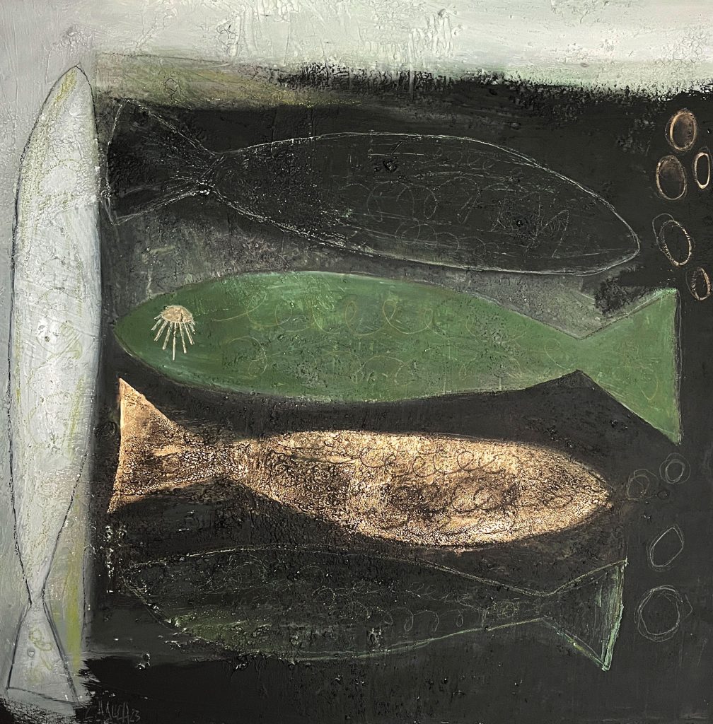 Abstrakte Fische als quadratisches Format, Acrylmalerei