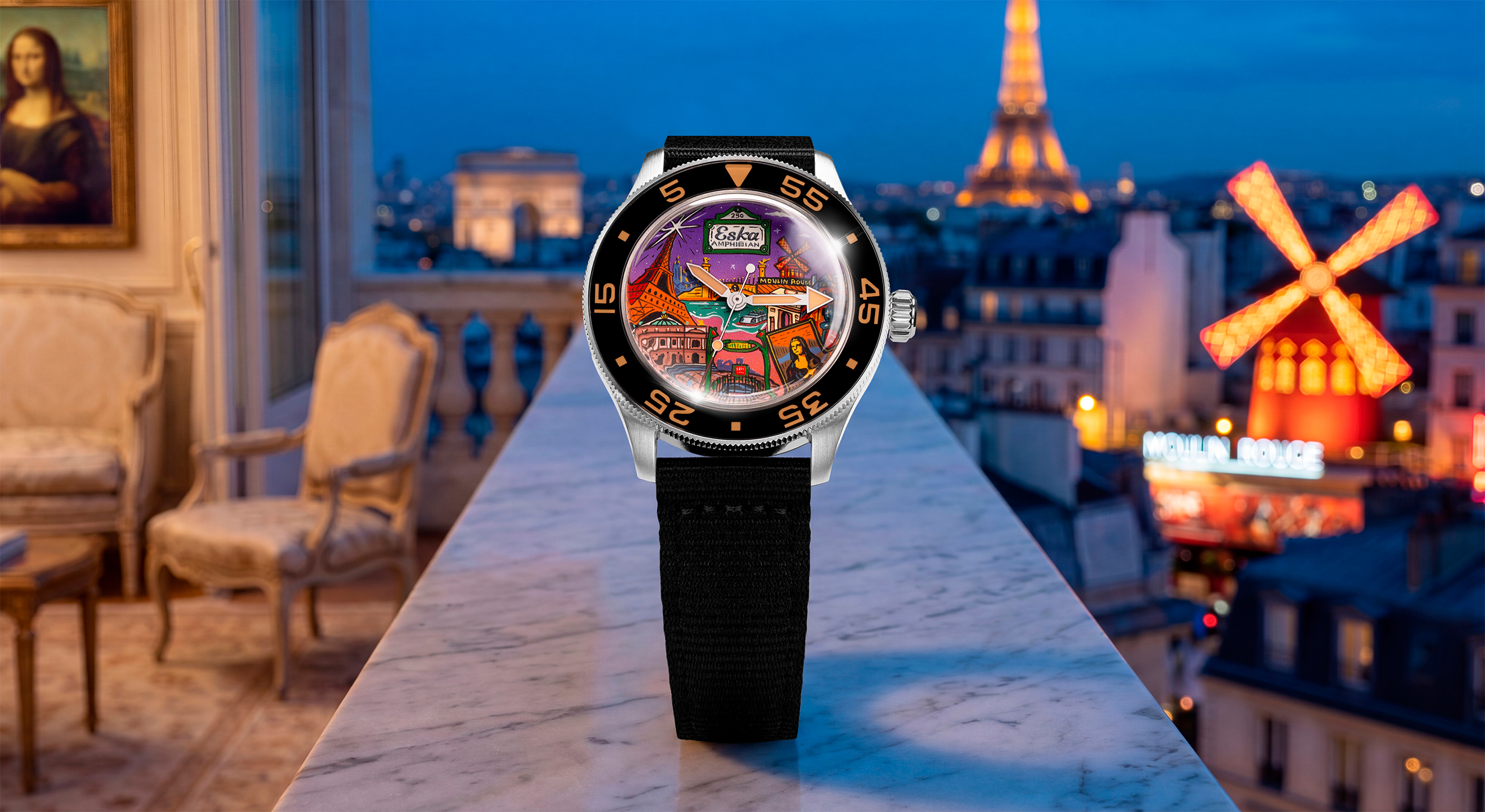 ESKA Amphibian Cœur de Paris — Hand-painted cityscape of the French capital with the Seine, Eiffel Tower and Sacré-Cœur beneath a violet-to-rose evening sky, official collaboration limited edition timepiece by IFL Watches.