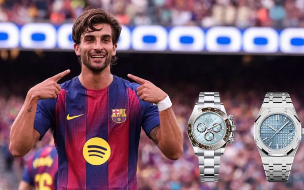 Ferran Torres wearing the Rolex Daytona 126506 and Audemars Piguet Royal Oak 15550ST during the 2026 football season.