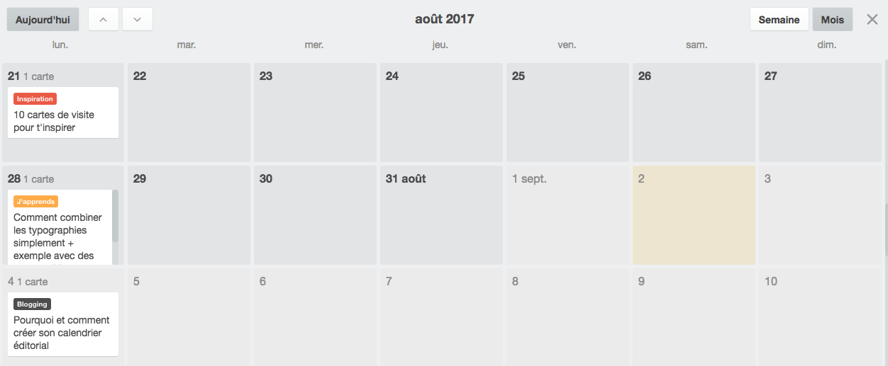 Je te propose un calendrier éditorial à modifier dans Trello.