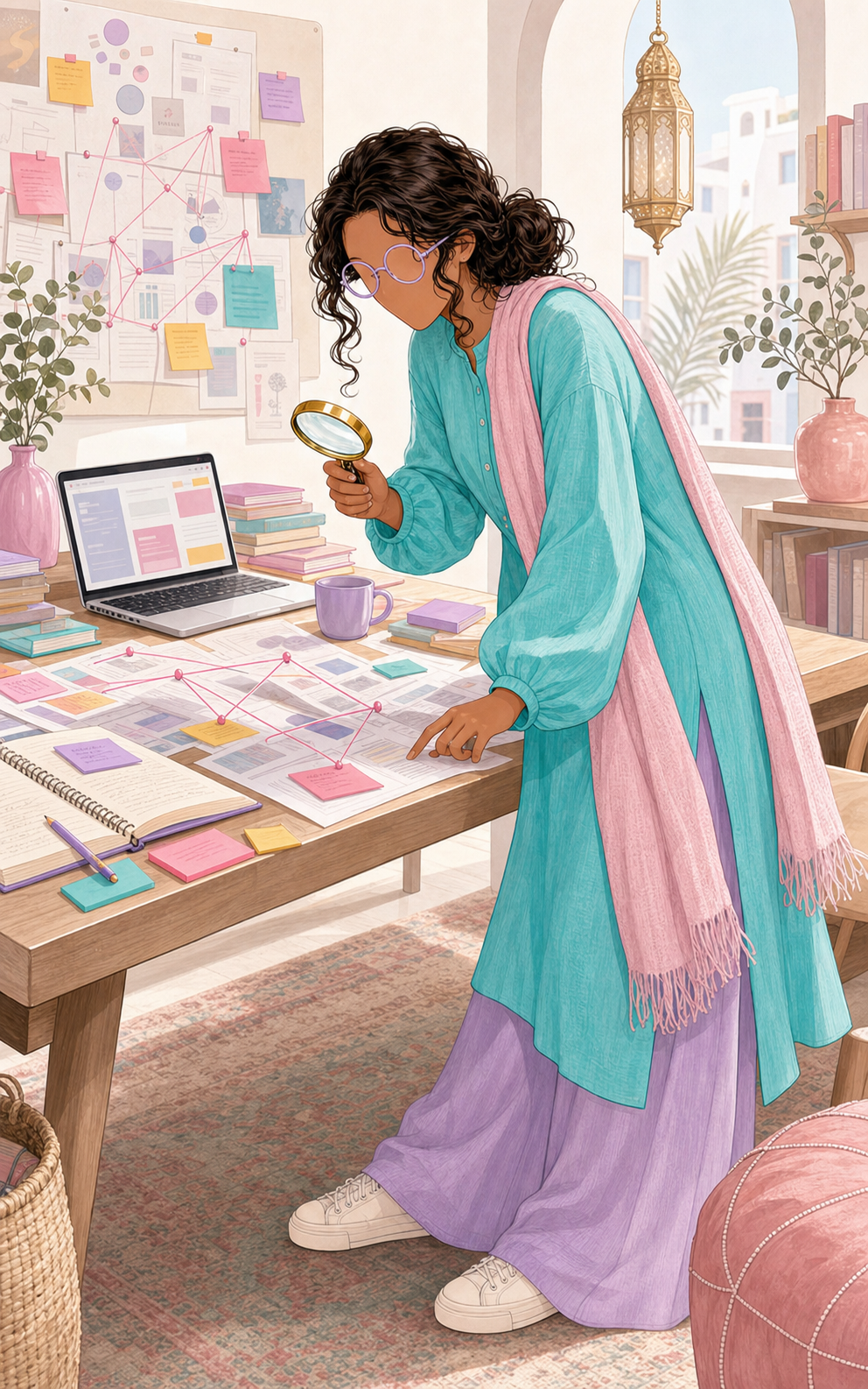 Illustration sans visage d'une business mama analysant les indices de son article
