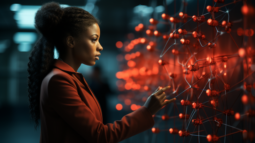 A woman is connecting the information dots