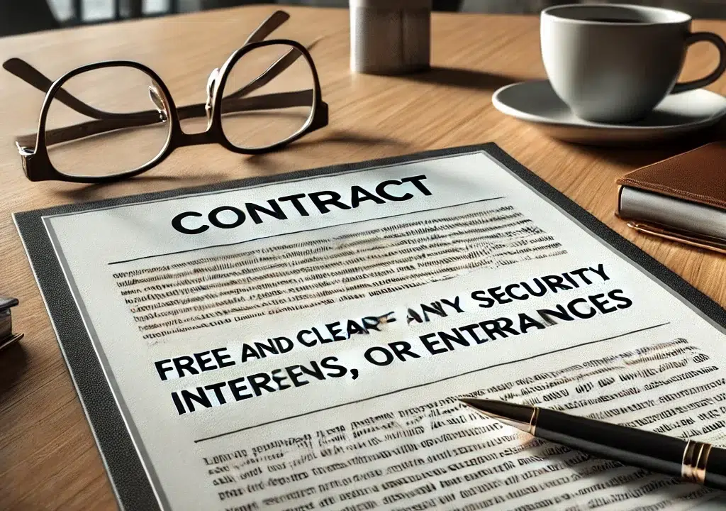 a contract on a desk in an office setting highlighting the clause free and clear of any security interests liens or encumbrances