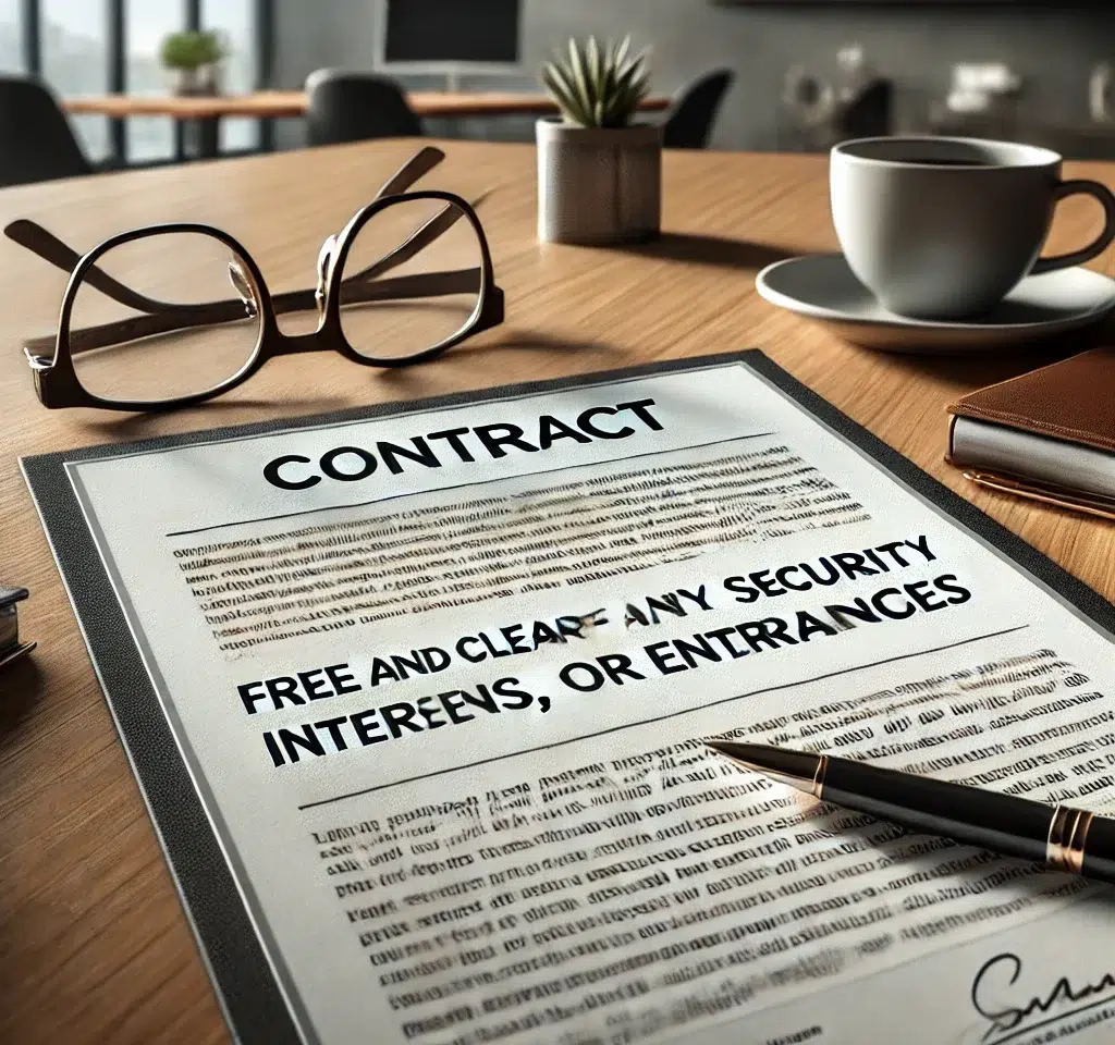 a contract on a desk in an office setting highlighting the clause free and clear of any security interests liens or encumbrances