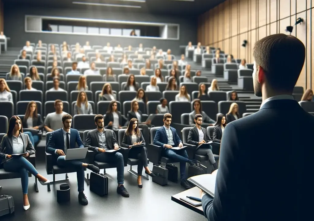 A professional buyer explain procure to pay to a teater seated class of future buyers