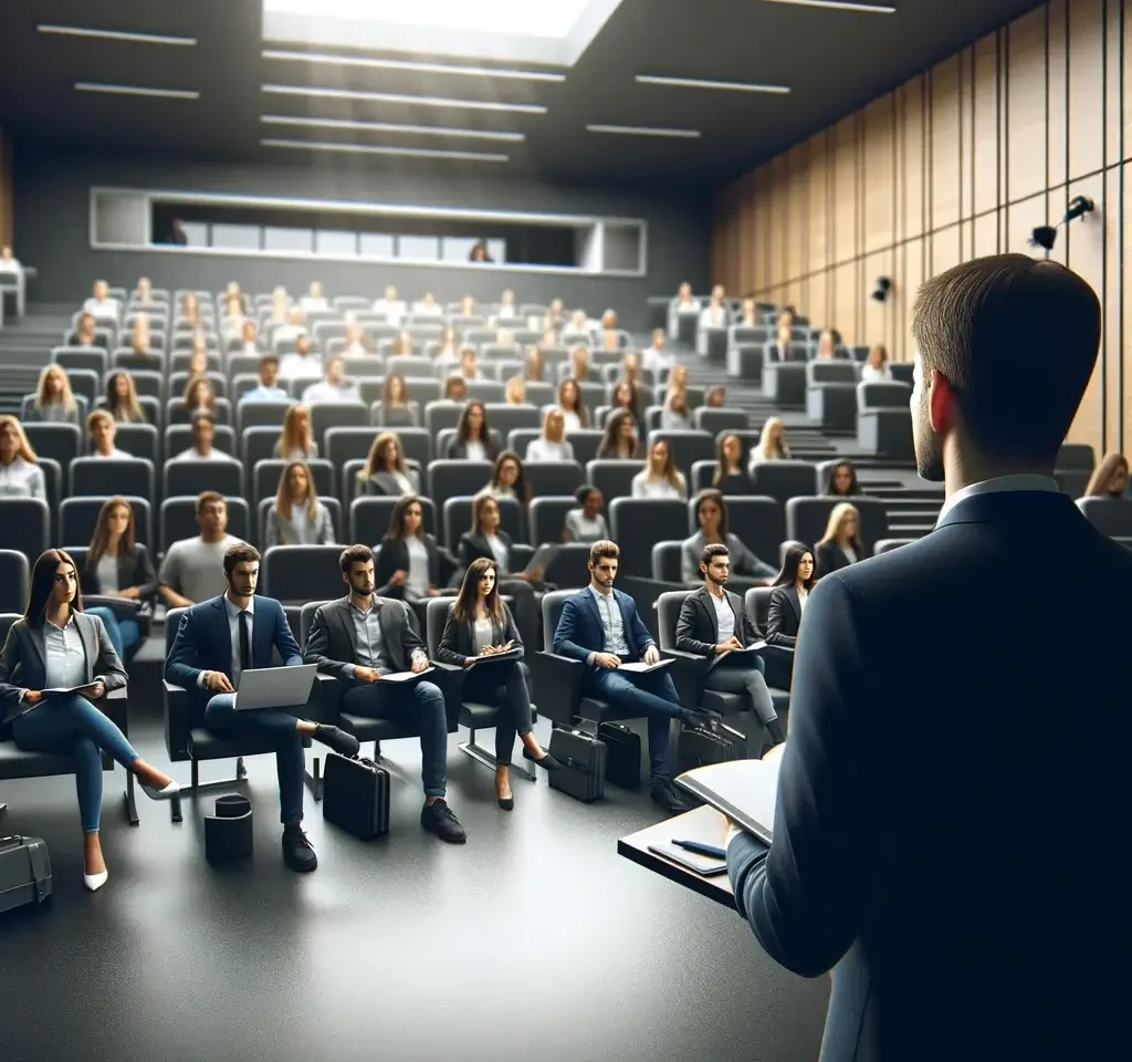 A professional buyer explain procure to pay to a teater seated class of future buyers