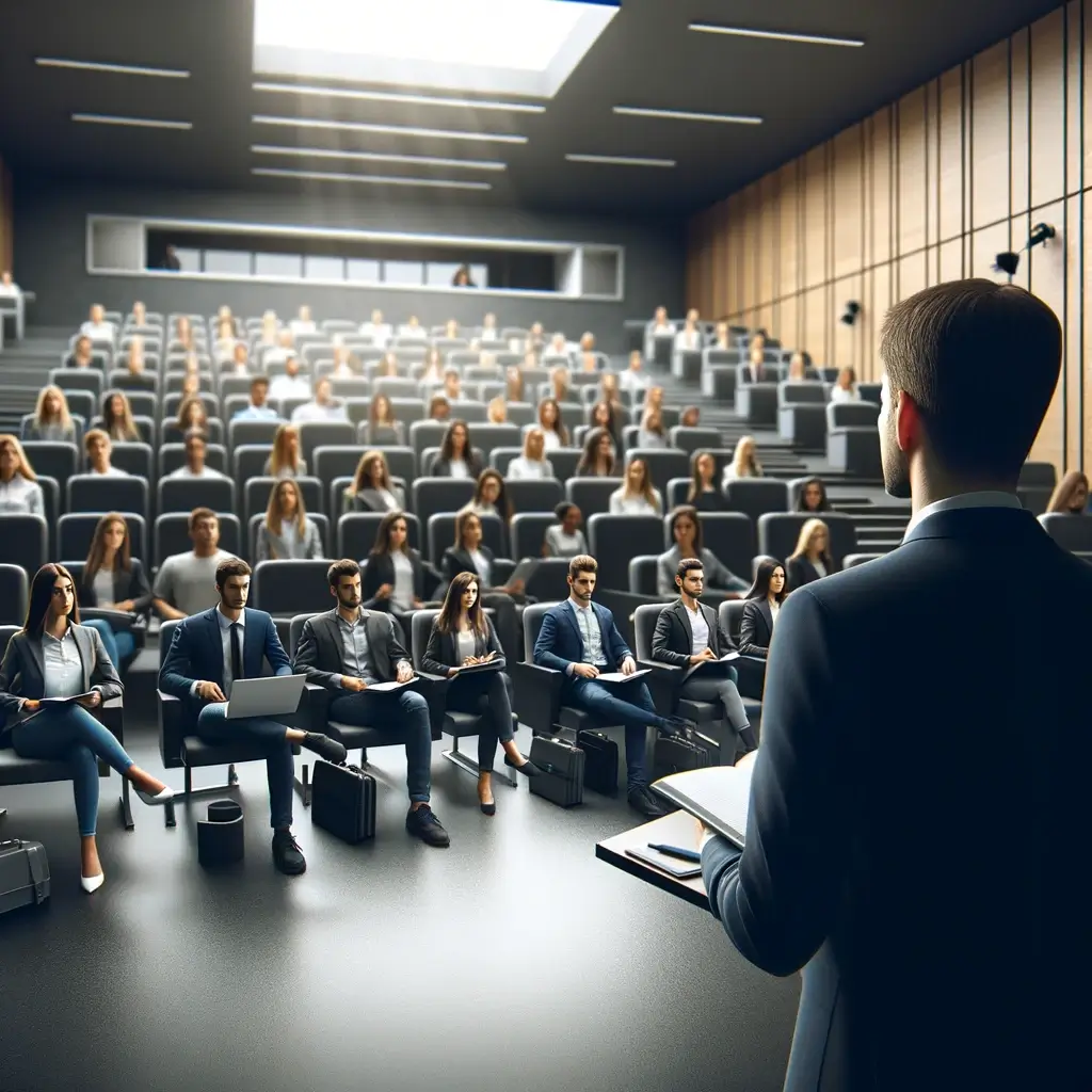 A professional buyer explain procure to pay to a teater seated class of future buyers