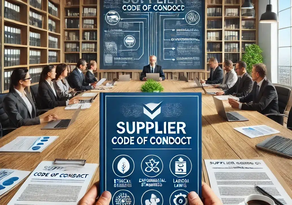 A business setting where a diverse group of professionals are reviewing a document titled Supplier Code of Conduct