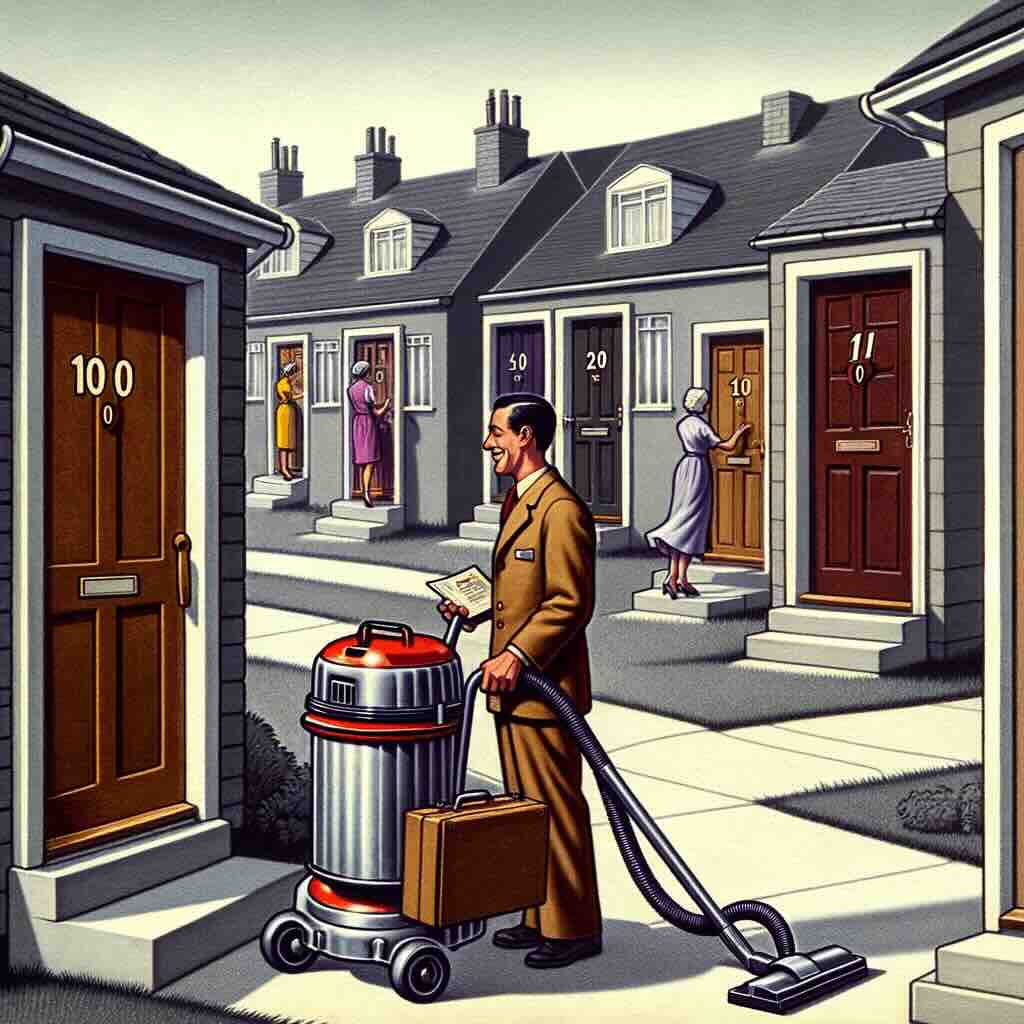 A nostalgic scene depicting the era of door-to-door vacuum cleaner sales The illustration shows a salesperson knocking on a series of doors