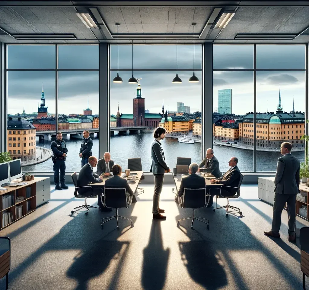 a buyer in Stockholm being identified having conflict of interest and about to be collected by guards