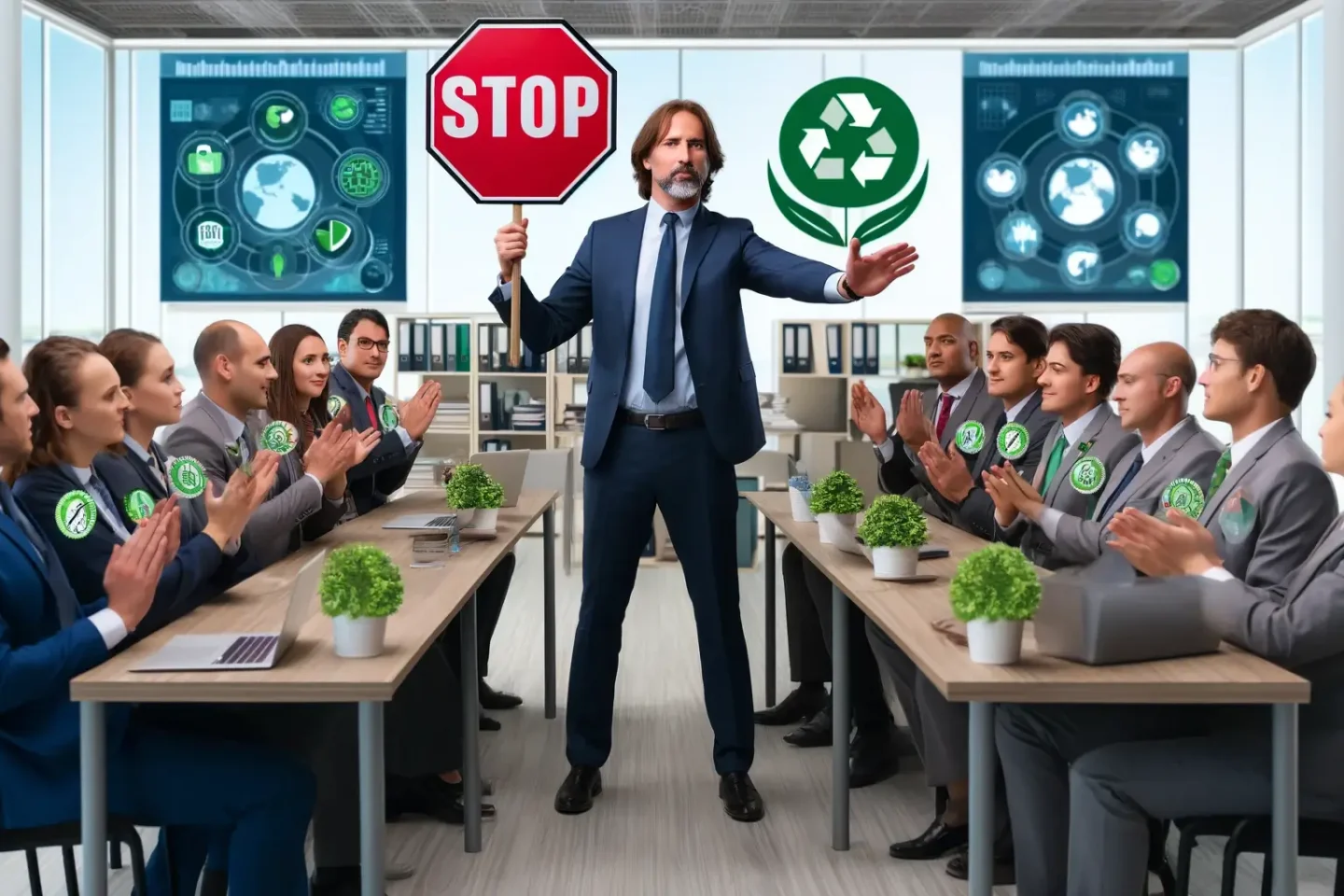 procurement director is using a stop sign to block non-sustainable suppliers by verifying the sustainability of supply chains