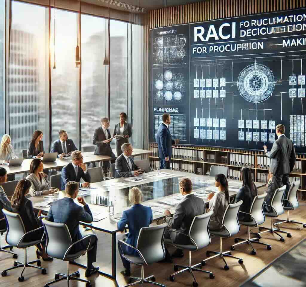 a professional team in a modern office discussing the implementation of a RACI model