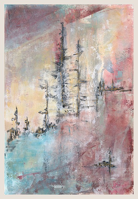 "Arbres en hiver?" Collage et peinture sur papier cartonné, 26 x 38 cm, par Miryl, 2016