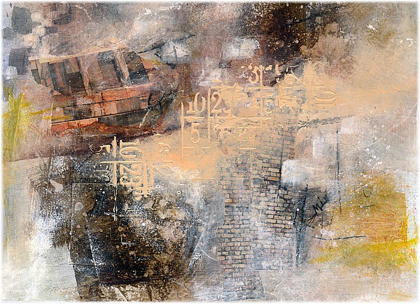 Dans les tons chauds, peinture et collage, env. 30 x 20 cm, sur papier, par Miryl, 2019