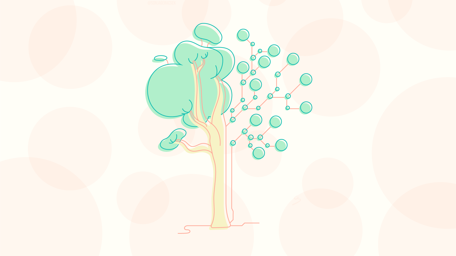 Vector Illustration of tree, half nature half circuit board, pastel green, coral and vanilla colours, coloured outlines, dotted peach background