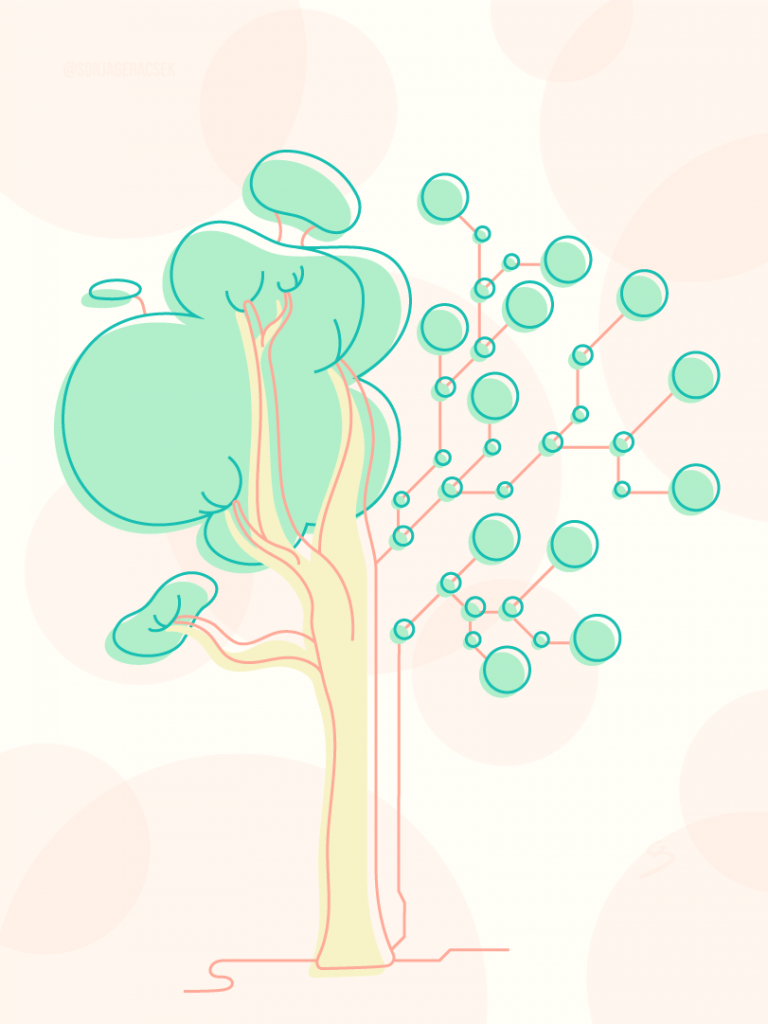 Vector Illustration of tree, half nature half circuit board, pastel green, coral and vanilla colours, coloured outlines, dotted peach background