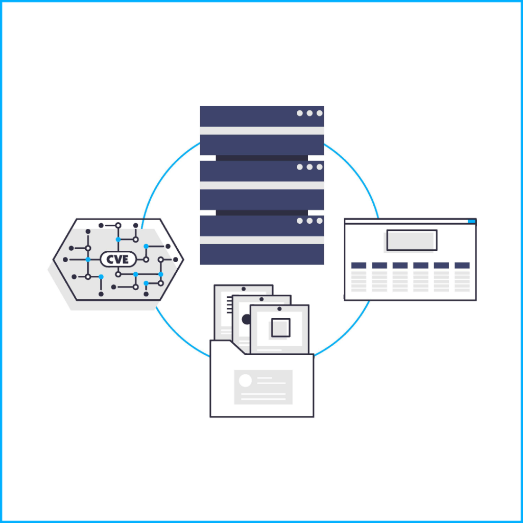 Development Cicle, server illustration, Mitre ATT&CK Framework illustration, dokument folder illustration, CVE circuit board illustration, black, gray and blue colour scheme