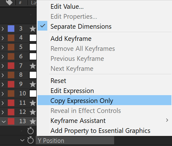 After Effects Screenshot: Copy Expression Only Menu
