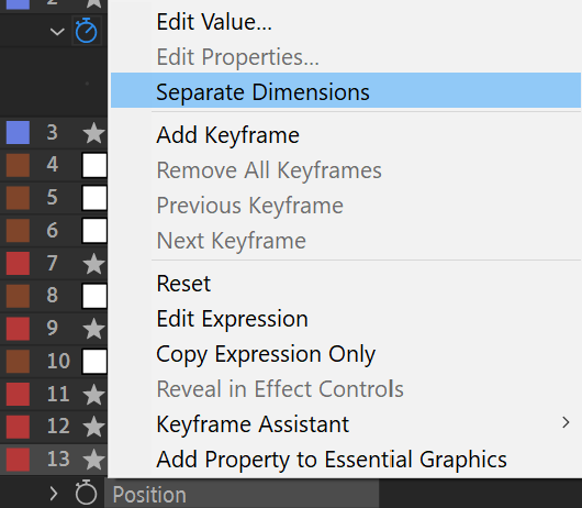 After Effects Screenshot: Right click property, choose separate dimensions from menu