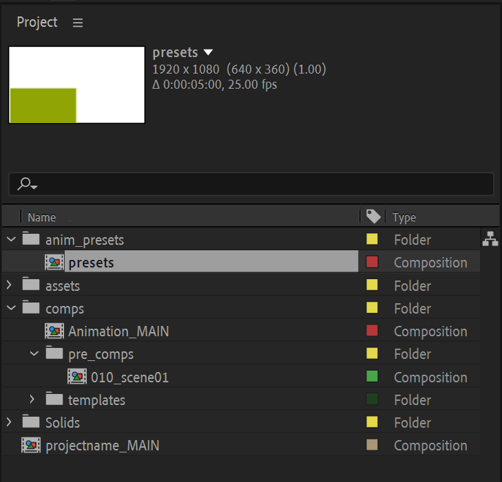 After Effects Screenshot of project window with preset composition inside