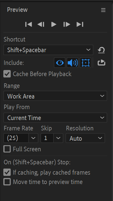 After Effects screenshot preview shortcuts panel