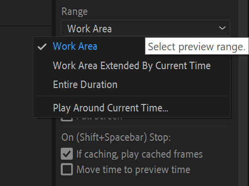 After Effects screenshot range dropdown menu, work area highlighted