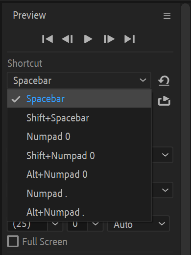 After Effects screenshot shortcut dropdown menu, spacebar highlighted