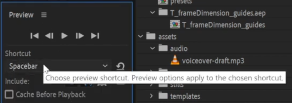 After Effects screenshot hover over shortcuts dropdown, dialog box open