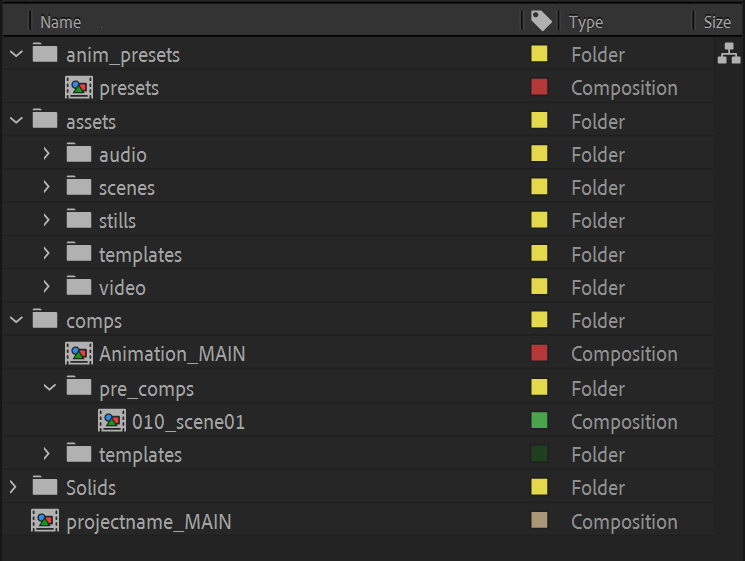 After Effects screenshot of project file window with comps and folders