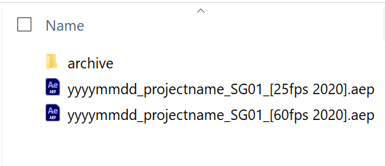 Windows Explorer Screenshot of folder structure, project files, after effects files