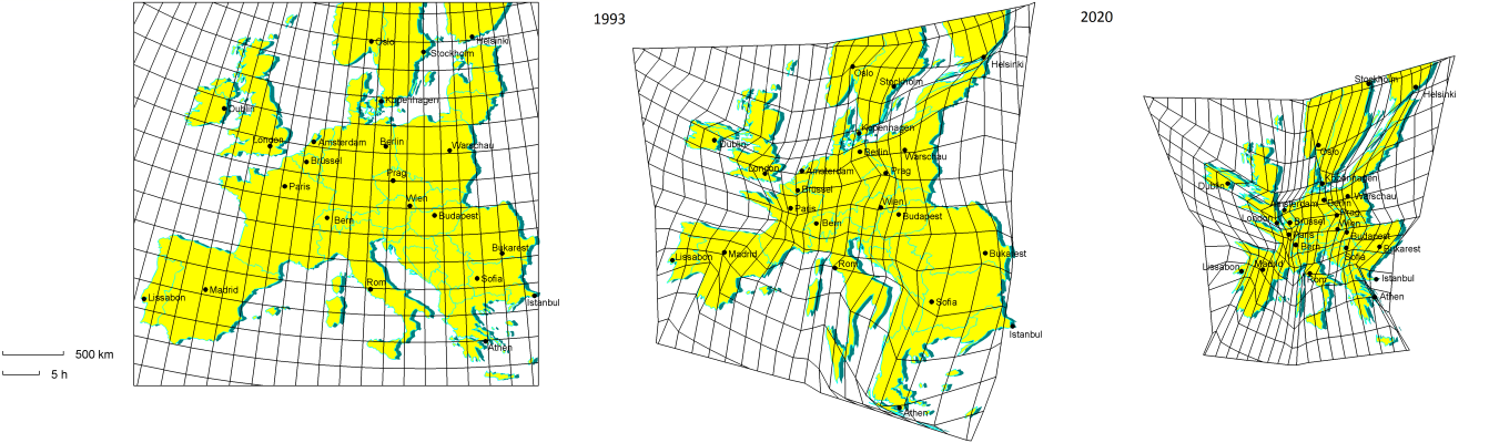 TERRAVANZA - Infraestructuras y Planeamiento Territorial - Contracción espacio – temporal debida al Ferrocarril de Alta Velocidad en Europa (Fuente: Spiekermann y Wegener: http://www.spiekermann-wegener.com/mod/time/time_e.htm)