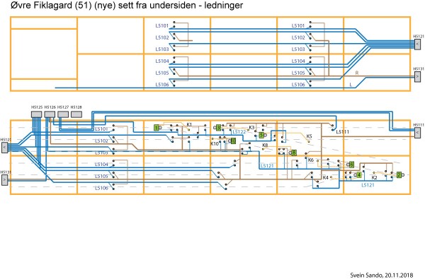 Koblingsskjema for undersiden av to av seksjonene på Øvre Fiklagard.