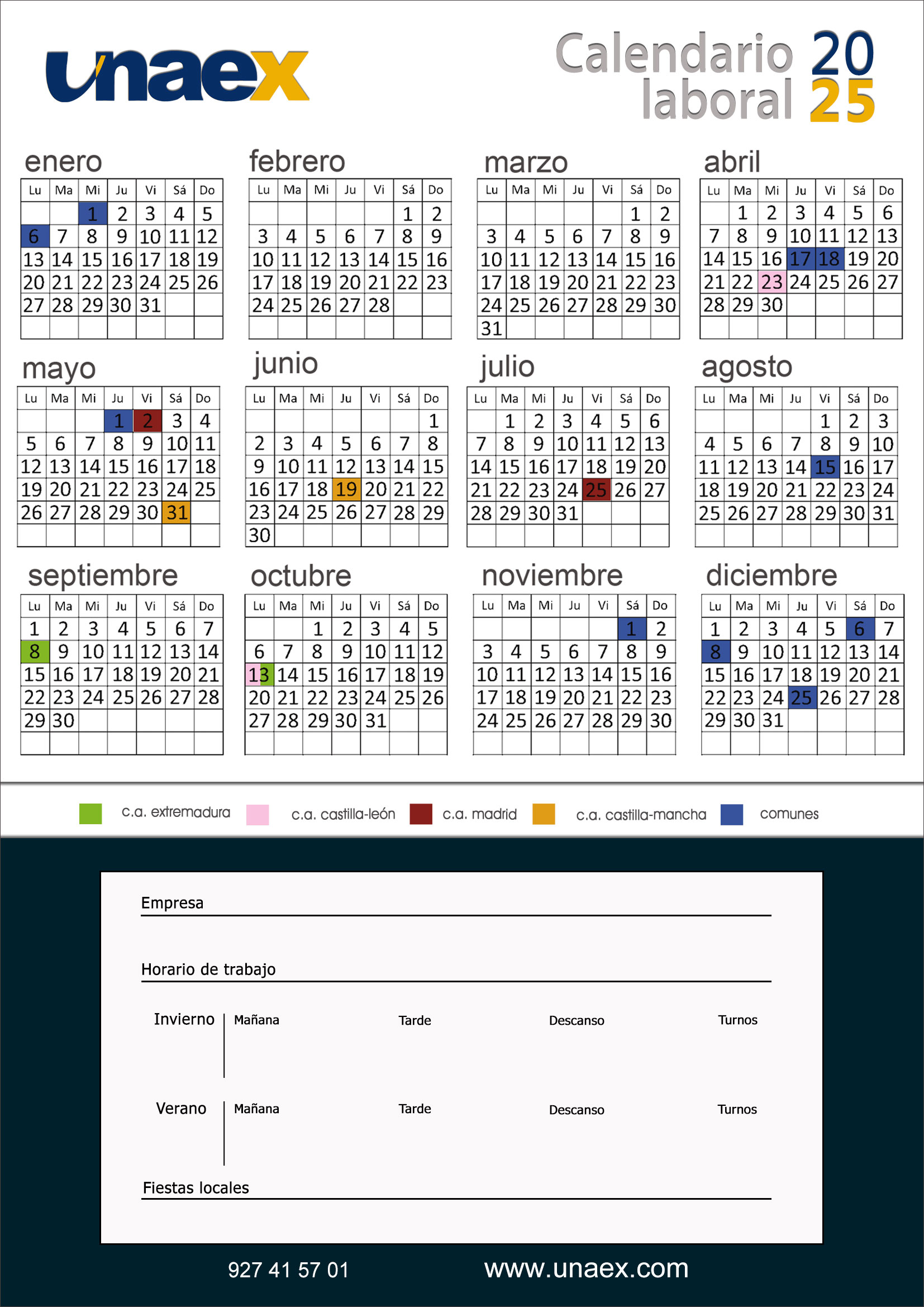 Calendario laboral 2025 - Unaex consultoría de empresas
