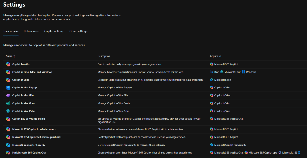A screenshot from the Microsoft 365 Admin center, specifically from the Copilot admin settings.