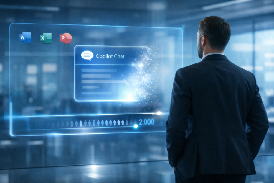 Photorealistic futuristic office scene with a Microsoft 365 holographic interface where a Copilot Chat panel appears to be fading away, symbolizing a feature being removed for enterprise users.