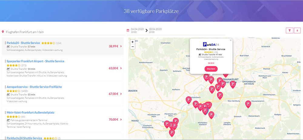 Screenshot TravelCar Parkplatzsuche am Flughafen