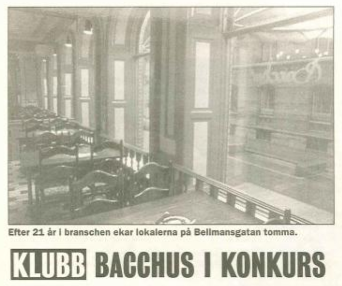 Artikel om Club Bacchus, Göteborg, om deras konkurs 1997.