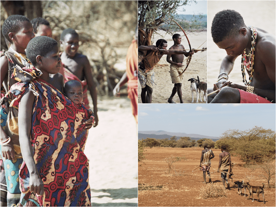 Bildkollage av Hadza jägar samlar befolkningen i Tanzania med människor från stammen i olika delar av dagen